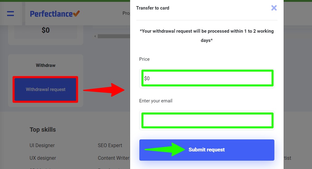 account amount withdrawal on Perfectlancer