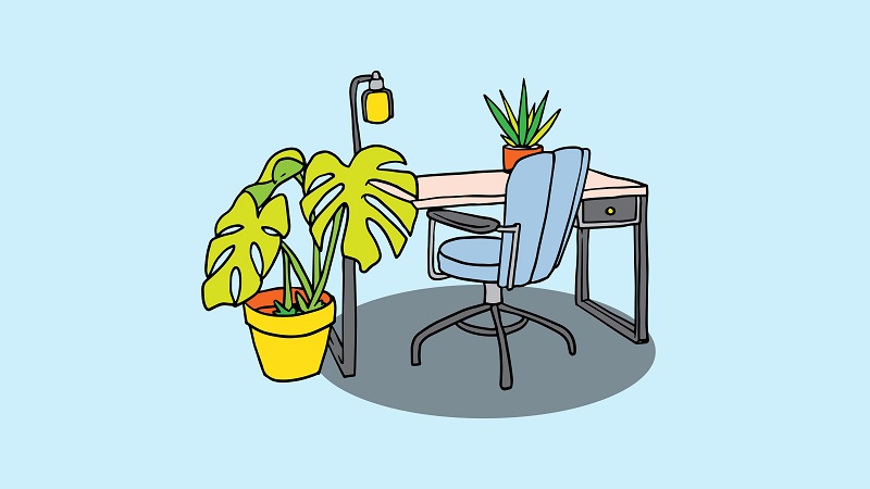 illustration-work-desk-with-plant-and-lamp-beside-it