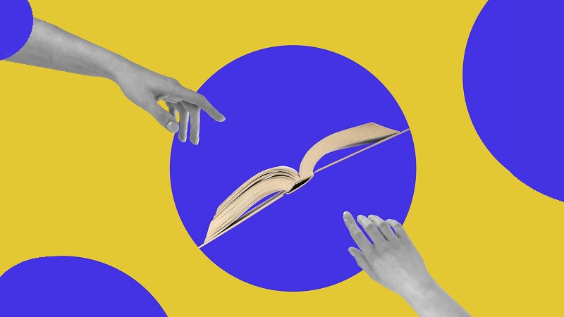 modern-collage-with-hands-directing-book-on-yellow-and-blue-background