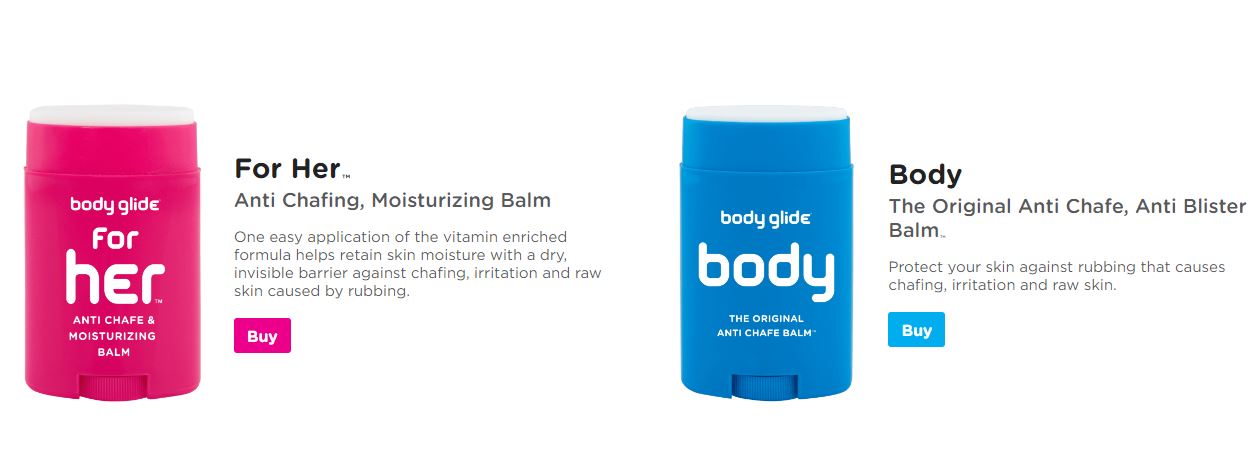comparison of the two products of body glide which the pink one is for girls and the blue one is for men