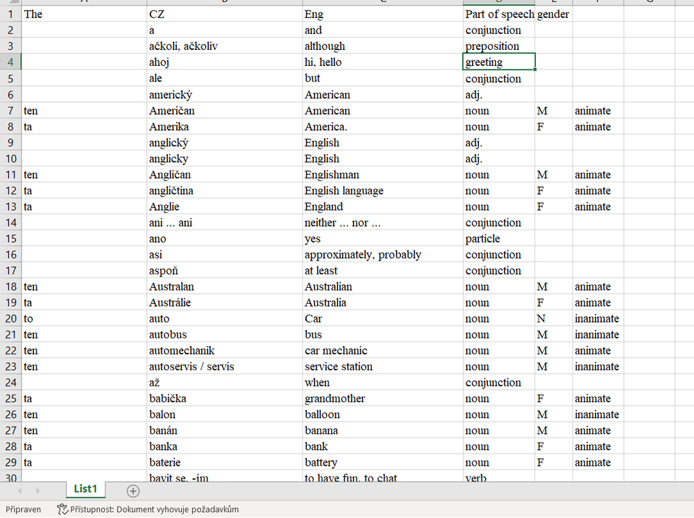 Vocabulary for gina sorted in excel